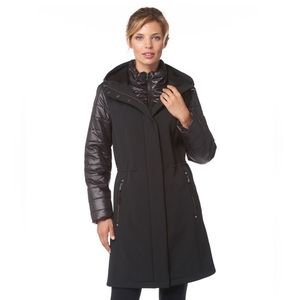 Chillax softshell long hooded coat with puffer details in black, size M